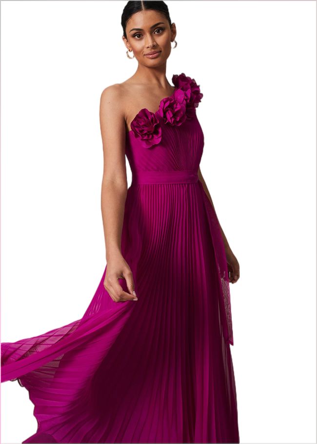  Minnie One Shoulder Pleated Maxi Dress Magenta 221642463