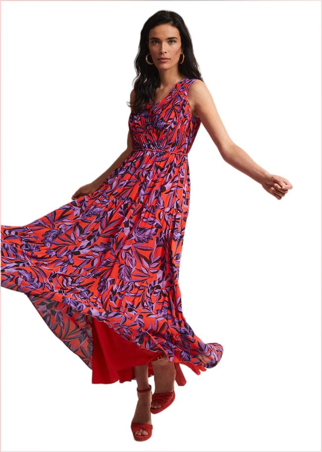  Athena Leaf Print Pleated Maxi Dress Vermillion/multi 221644172