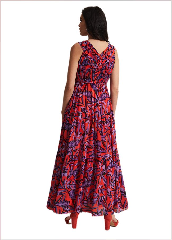  Athena Leaf Print Pleated Maxi Dress Vermillion/multi 221644172