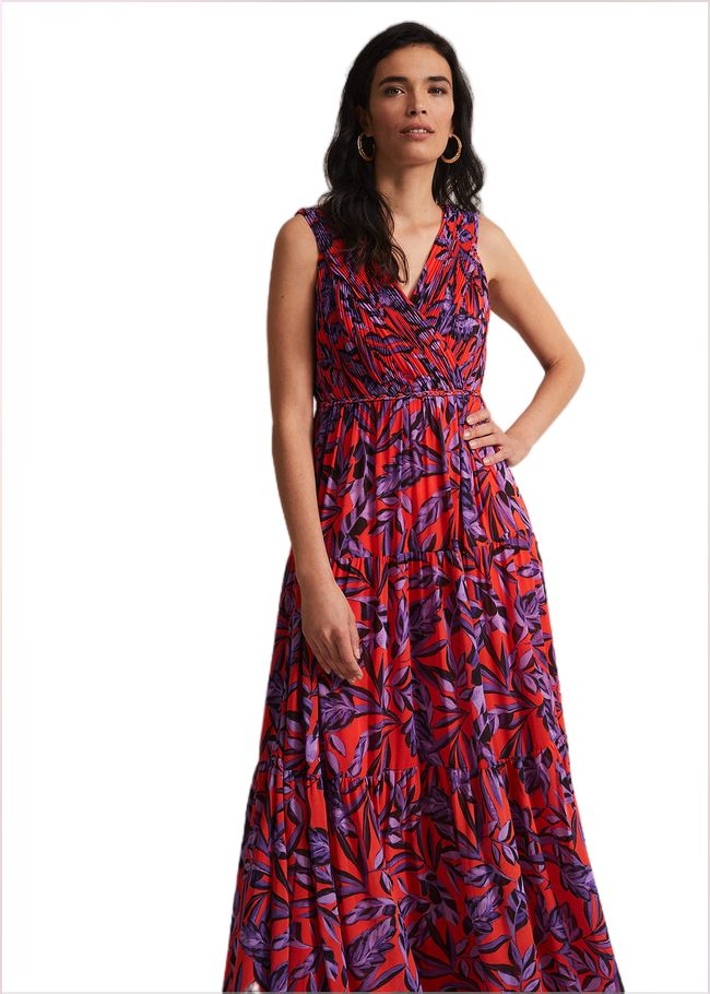  Athena Leaf Print Pleated Maxi Dress Vermillion/multi 221644172