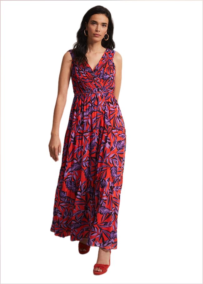  Athena Leaf Print Pleated Maxi Dress Vermillion/multi 221644172