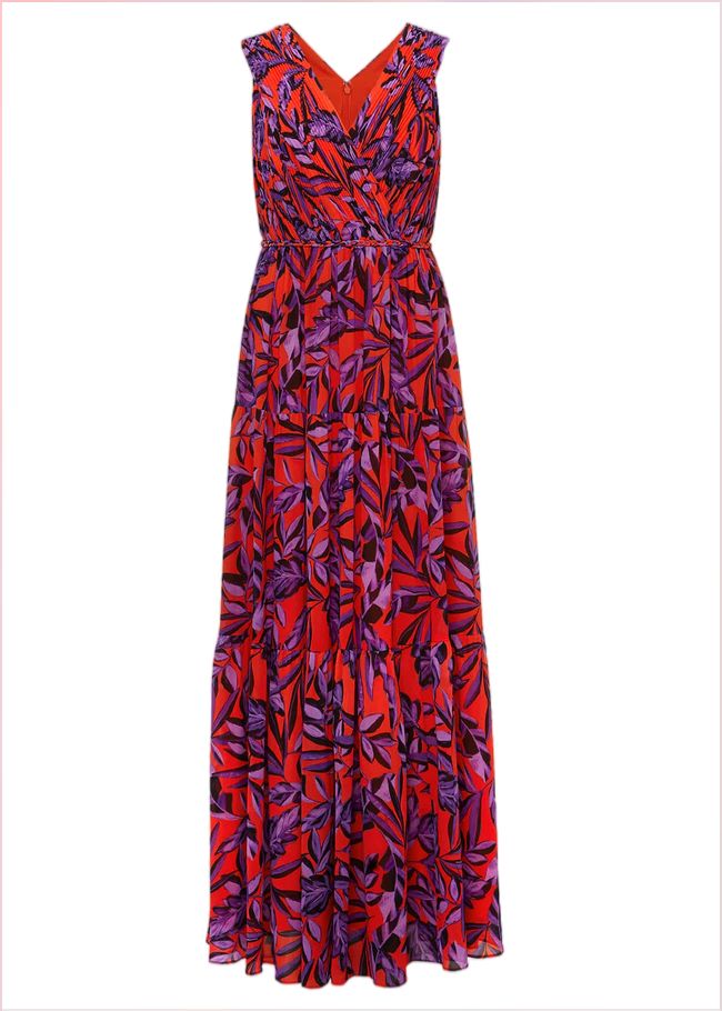  Athena Leaf Print Pleated Maxi Dress Vermillion/multi 221644172