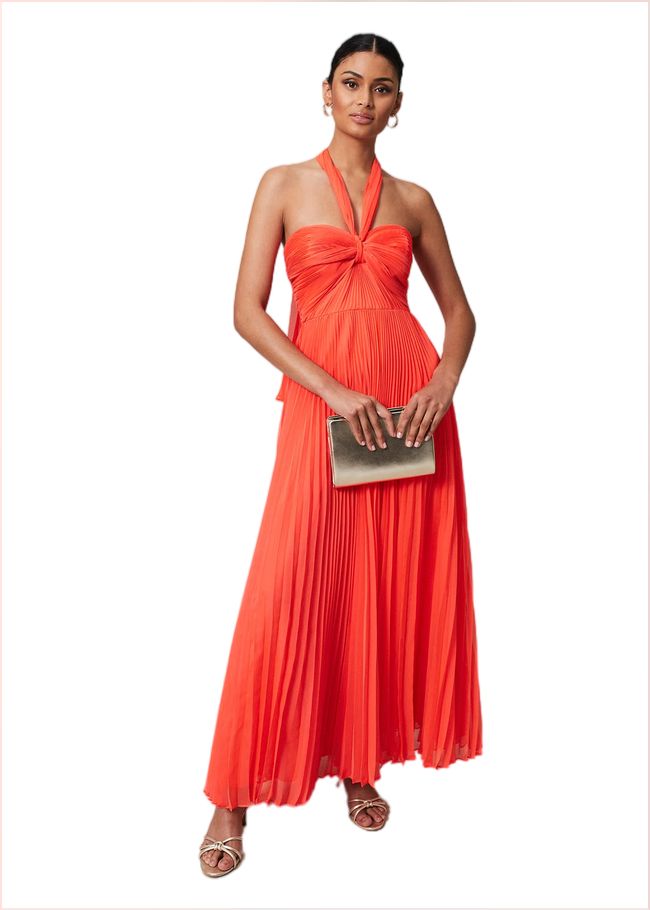  Evangeline Pleated Halterneck Maxi Dress Coral 221648666