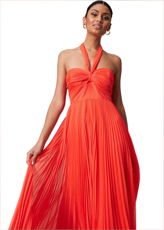  Evangeline Pleated Halterneck Maxi Dress Coral 221648666