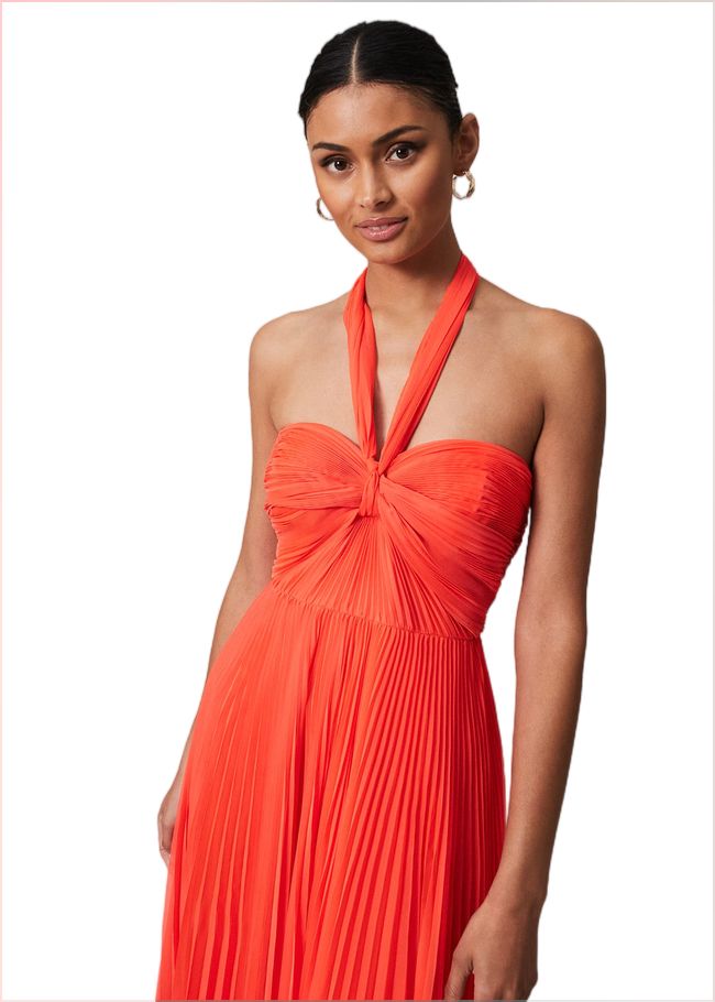  Evangeline Pleated Halterneck Maxi Dress Coral 221648666