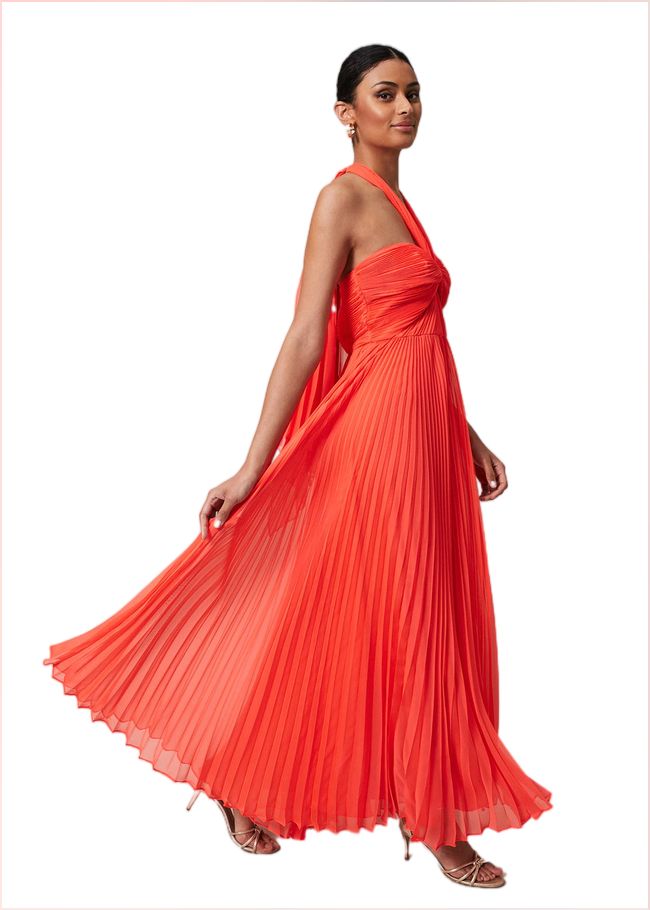  Evangeline Pleated Halterneck Maxi Dress Coral 221648666