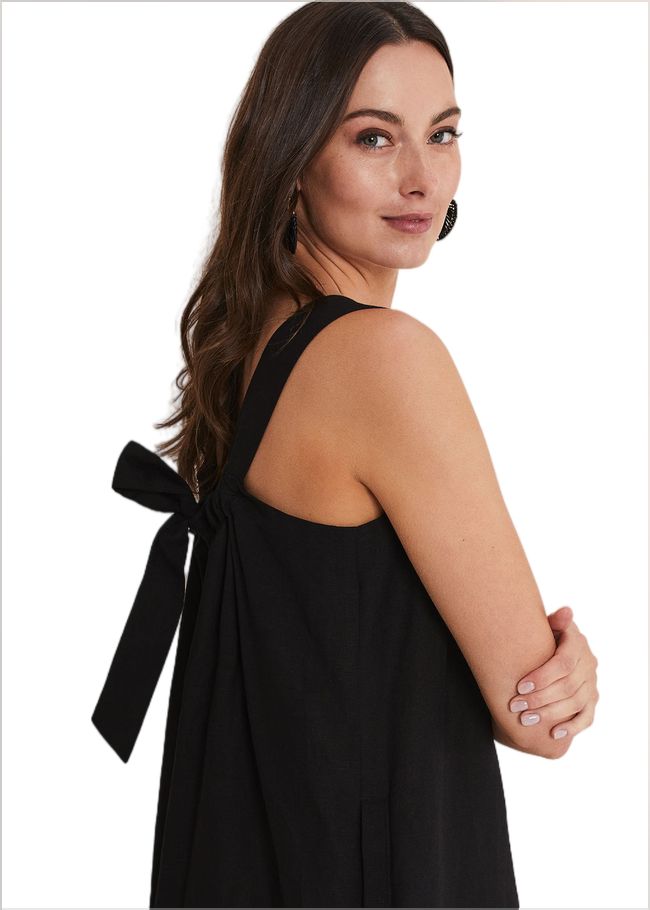  Mandy Strappy Linen Bow Back Swing Dress Black 221666050