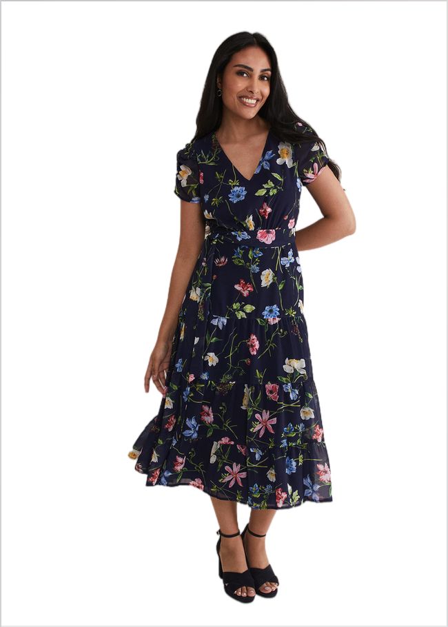  Petite Lola Floral Tiered Midi Dress Navy/Multi 221676493