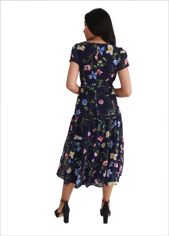  Petite Lola Floral Tiered Midi Dress Navy/Multi 221676493