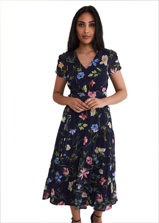  Petite Lola Floral Tiered Midi Dress Navy/Multi 221676493