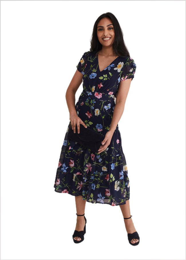  Petite Lola Floral Tiered Midi Dress Navy/Multi 221676493