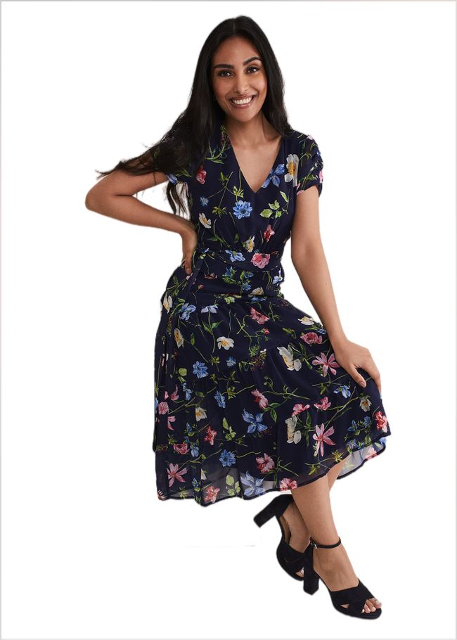  Petite Lola Floral Tiered Midi Dress Navy/Multi 221676493