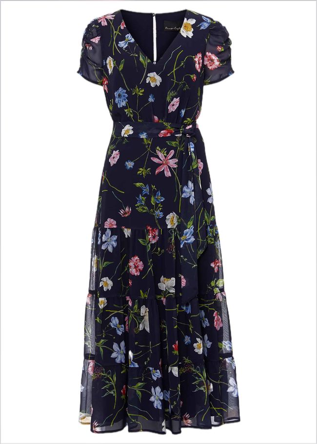  Petite Lola Floral Tiered Midi Dress Navy/Multi 221676493