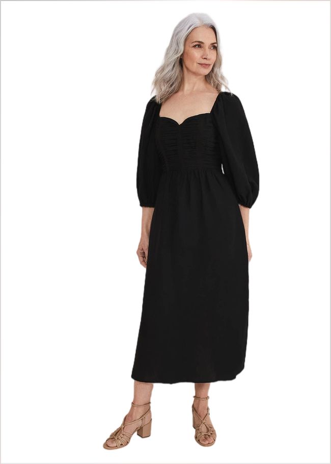  Shola Linen Ruched Bodice Dress Black 221681050