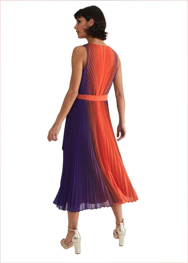  Simara Ombre Pleated Midi Dress Vermillion/multi 221705172