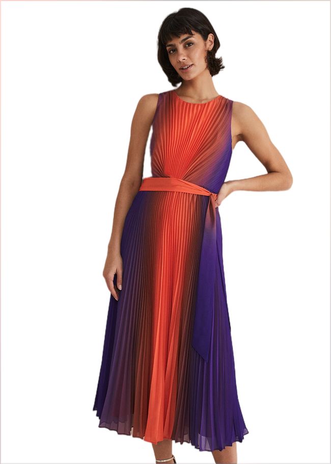  Simara Ombre Pleated Midi Dress Vermillion/multi 221705172