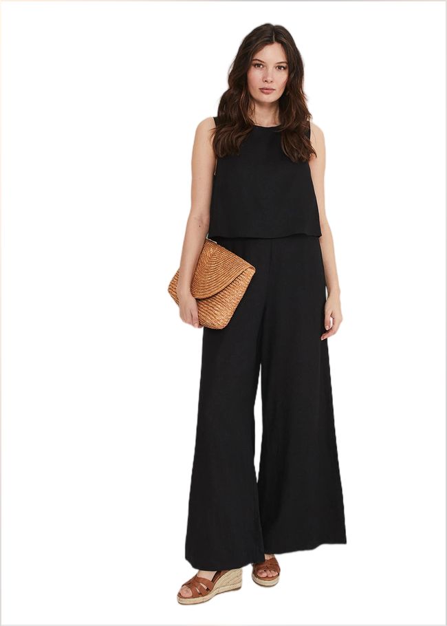  Aubrey Black Linen Wide Leg Jumpsuit Black 221712050