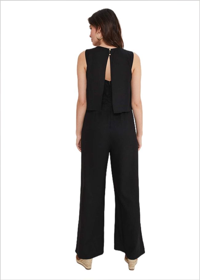  Aubrey Black Linen Wide Leg Jumpsuit Black 221712050