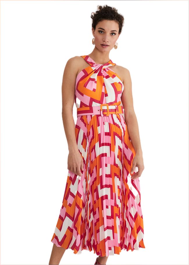  Yas Abstract Halterneck Midi Dress Pink/Orange 221734939