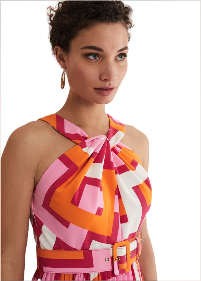  Yas Abstract Halterneck Midi Dress Pink/Orange 221734939