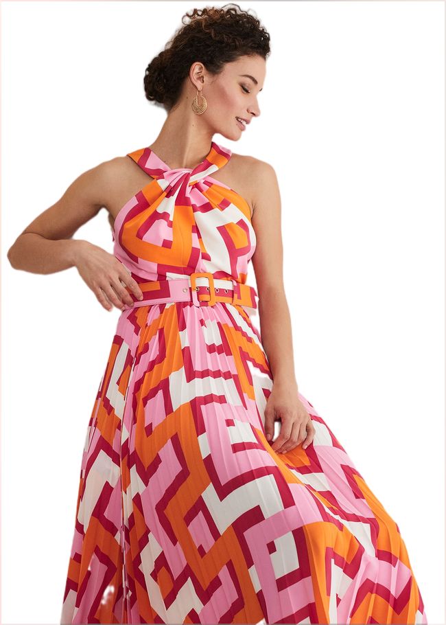  Yas Abstract Halterneck Midi Dress Pink/Orange 221734939