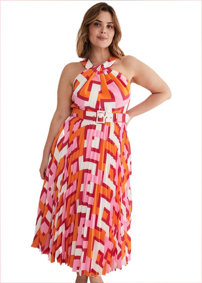  Yas Abstract Halterneck Midi Dress Pink/Orange 221734939