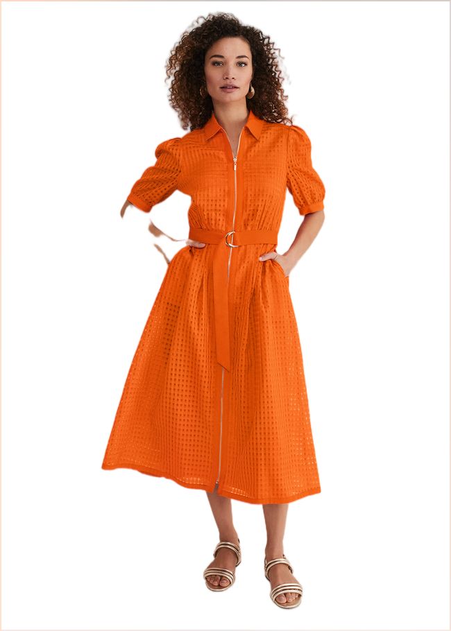  Carey Orange Checked Textured Midi Dress Orange 221739650