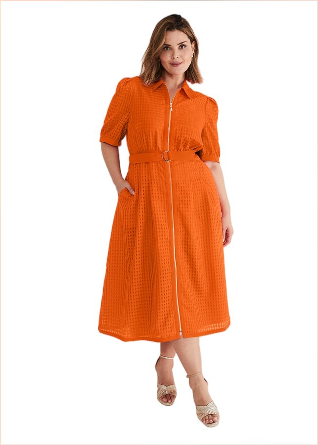  Carey Orange Checked Textured Midi Dress Orange 221739650