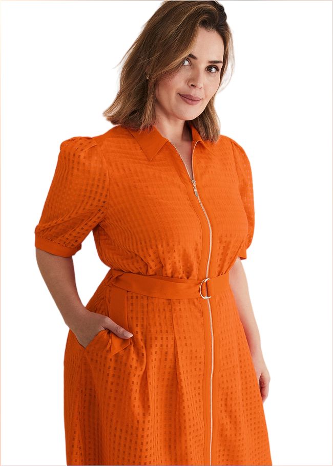  Carey Orange Checked Textured Midi Dress Orange 221739650