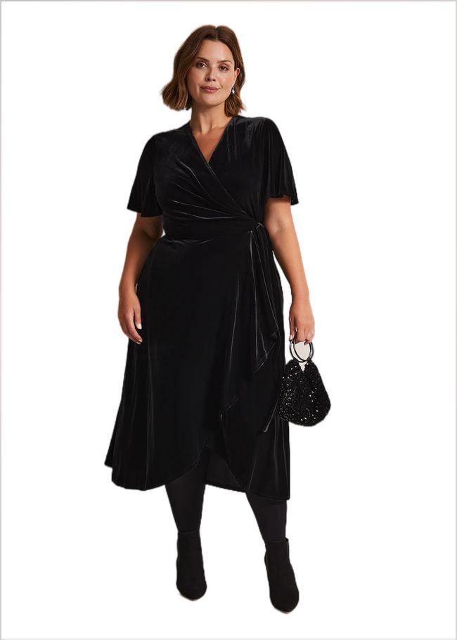  Julissa Velvet Ruffle Wrap Midi Dress Black 221799050