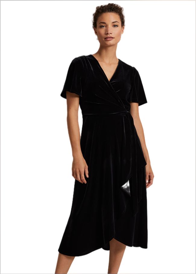  Julissa Velvet Ruffle Wrap Midi Dress Black 221799050