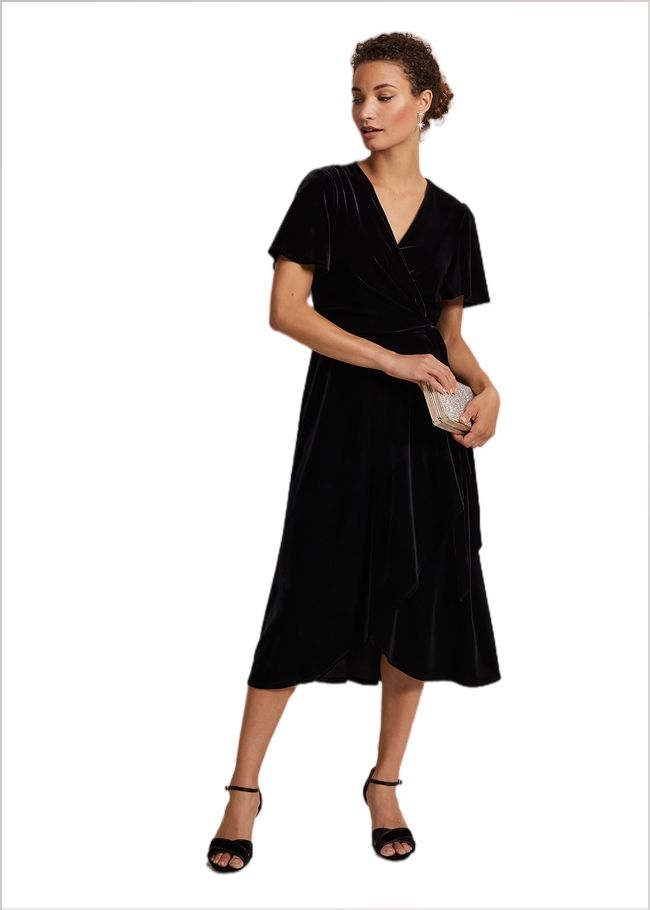  Julissa Velvet Ruffle Wrap Midi Dress Black 221799050