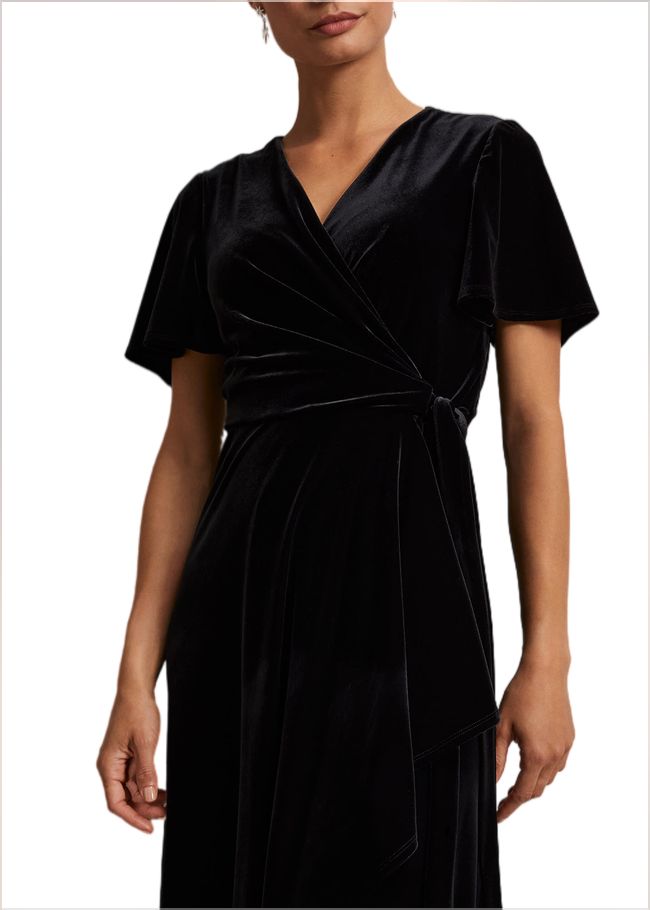  Julissa Velvet Ruffle Wrap Midi Dress Black 221799050