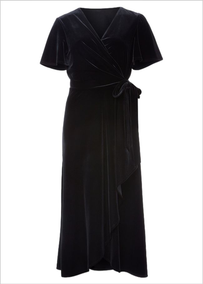  Julissa Velvet Ruffle Wrap Midi Dress Black 221799050