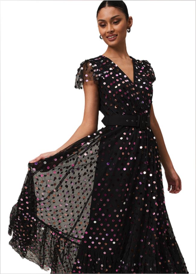  Loren Sequin Spot Tulle Maxi Dress Black/Multi 221909492