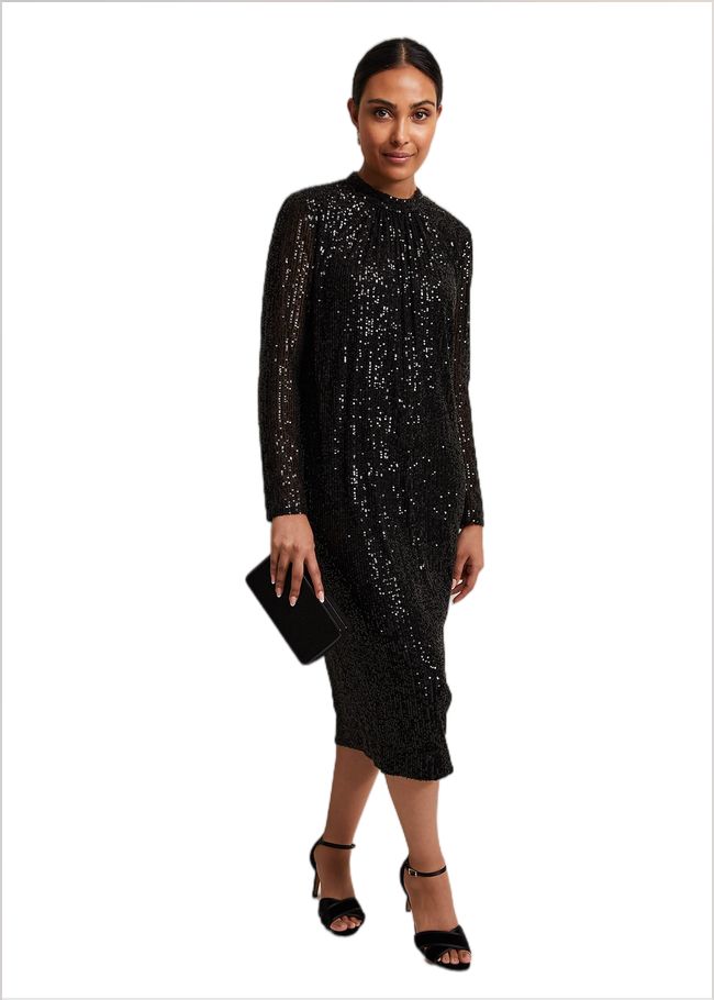  Petite Cindy Black Sequin Midi Dress Black 221928050