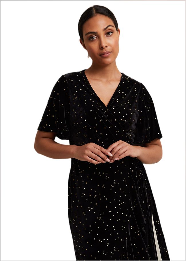  Petite Holly Velvet Star Wrap Maxi Dress Black 221961050