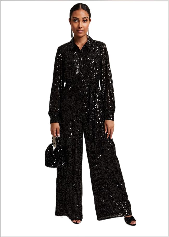  Petite Alessandra Black Sequin Jumpsuit Black 221971050